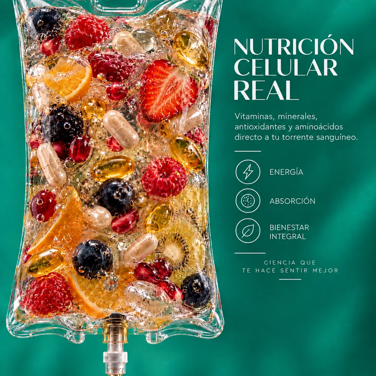Bolsa de suero llena de fruta, cápsulas y burbujas doradas, con el texto «Nutrición celular real: vitaminas, minerales, antioxidantes y aminoácidos directo a tu torrente sanguíneo»